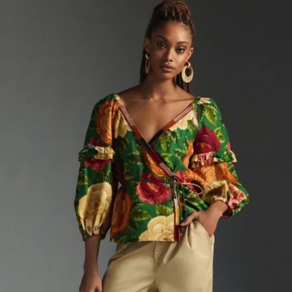 FARM Rio Puff Ruffle Sleeve Wrap Top in Floral NWT size small - Picture 3 of 16